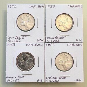 Canada 1952LR,1952HR,1953SD & 1953LD Silver 25¢ Quarters! 4 coins total